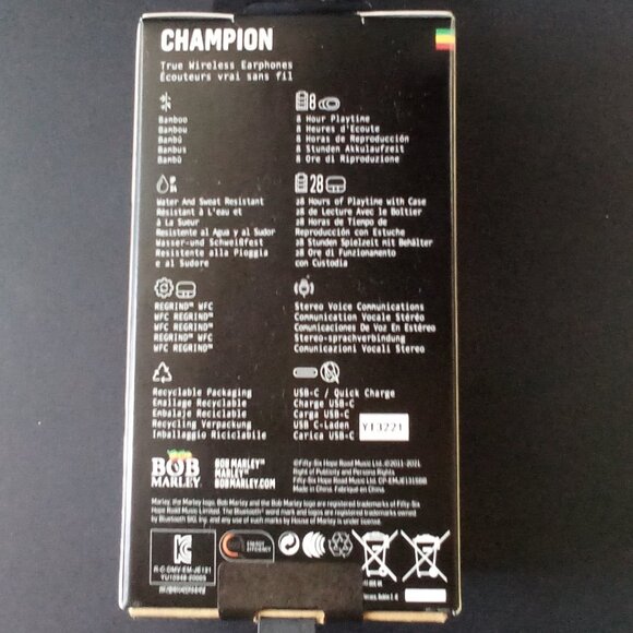 Bob Marley Champion in-Ear True Wireless Earbuds Black Model # EM-JE 131-SB  NEW - Picture 2 of 13